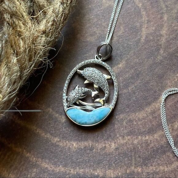 Natural Larimar CZ Dolphin 18k Plated Sterling Silver Necklace - Picture 4 of 8